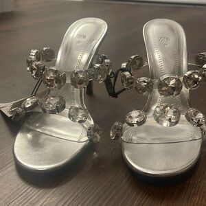 Metallic Silver Giant rhinestone Mule Sandal.